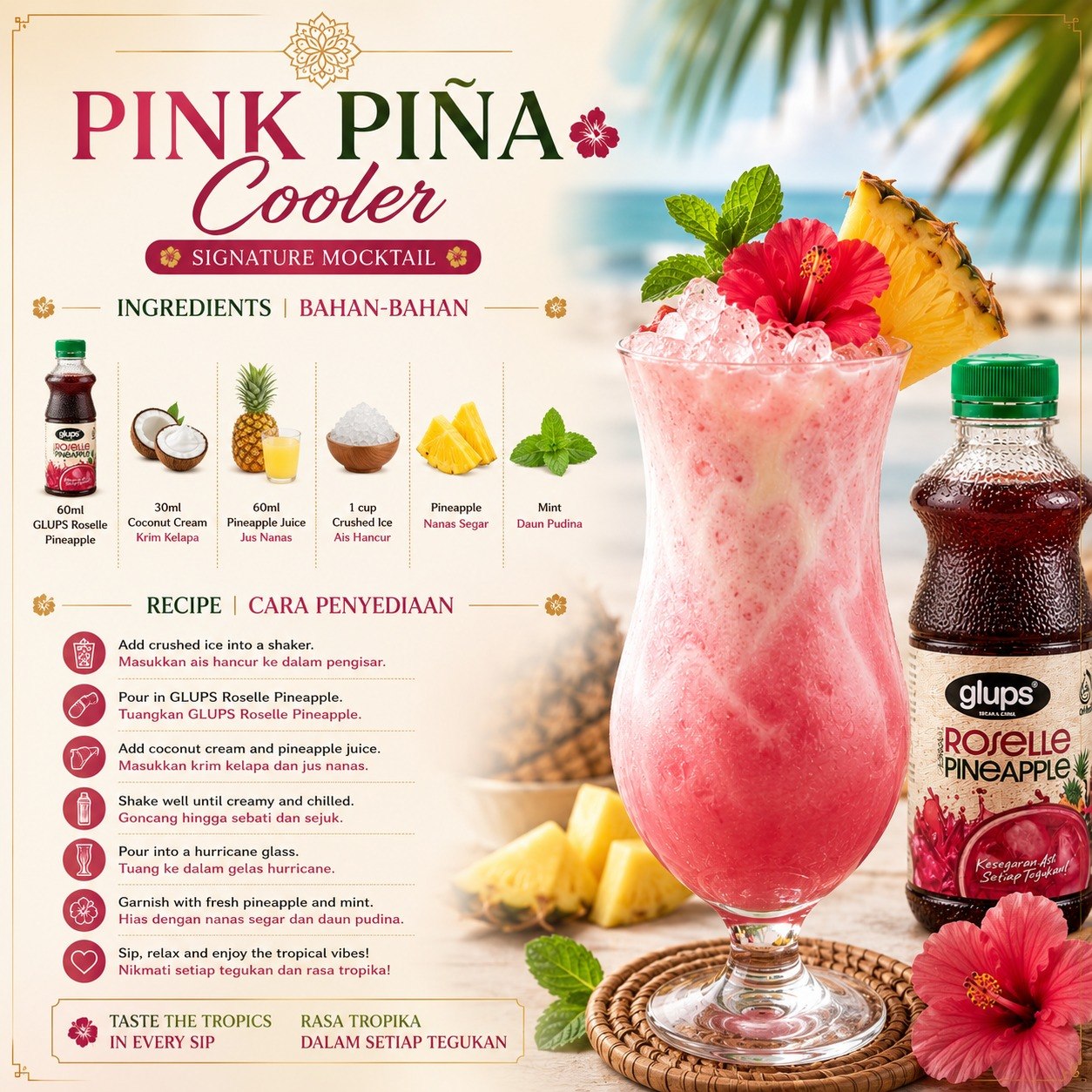 Pink Pina Cooler bilingual recipe card